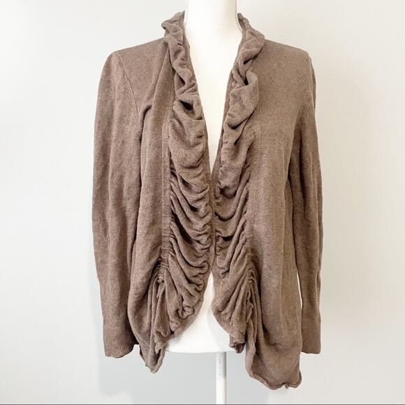 Lafayette 148 New York brown ruffled open cardigan linen cotton sweater medium - Picture 1 of 7